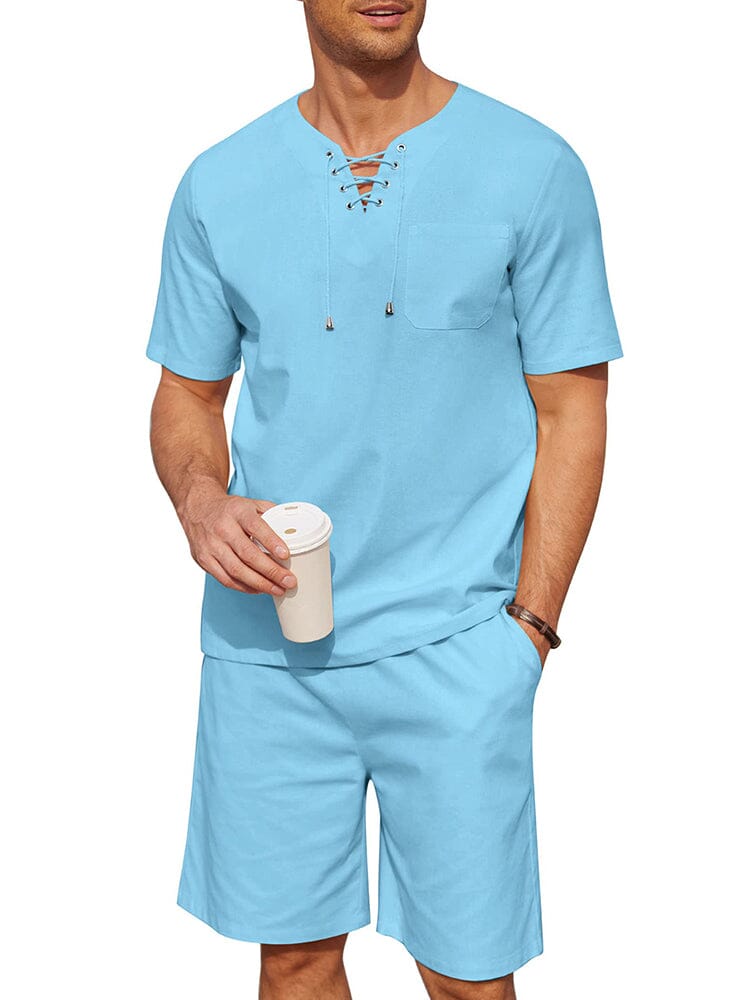 Casual Cotton Linen Lace Up Shirt Set (US Only) Sets coofandy Clear Blue S