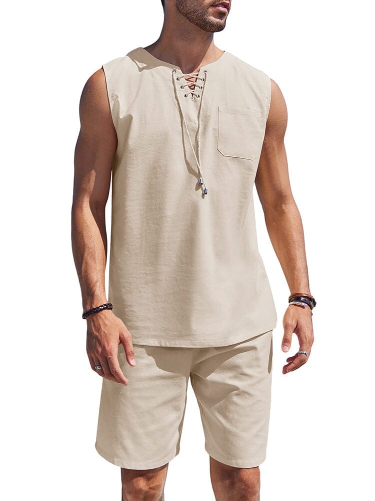 Casual 2 Piece Linen Drawstring Tank Top Sets (US Only) Sets coofandy Cream S