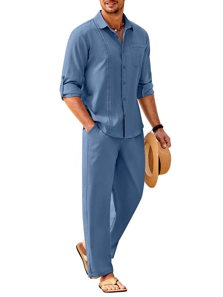2 Piece Linen Style Long Sleeve Beach Vacation Outfits (US Only) Sets Coofandy's Denim Blue M
