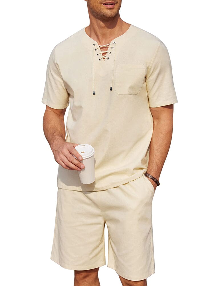 Casual Cotton Linen Lace Up Shirt Set (US Only) Sets coofandy Khaki S