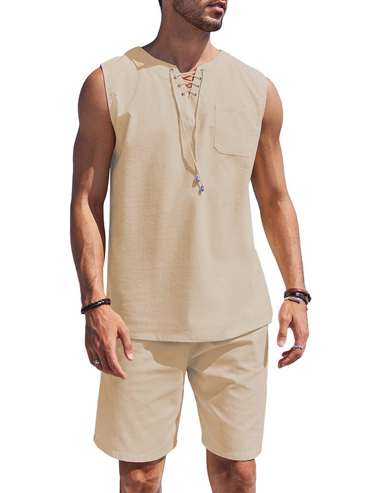Casual 2 Piece Linen Drawstring Tank Top Sets (US Only) Sets coofandy Khaki S
