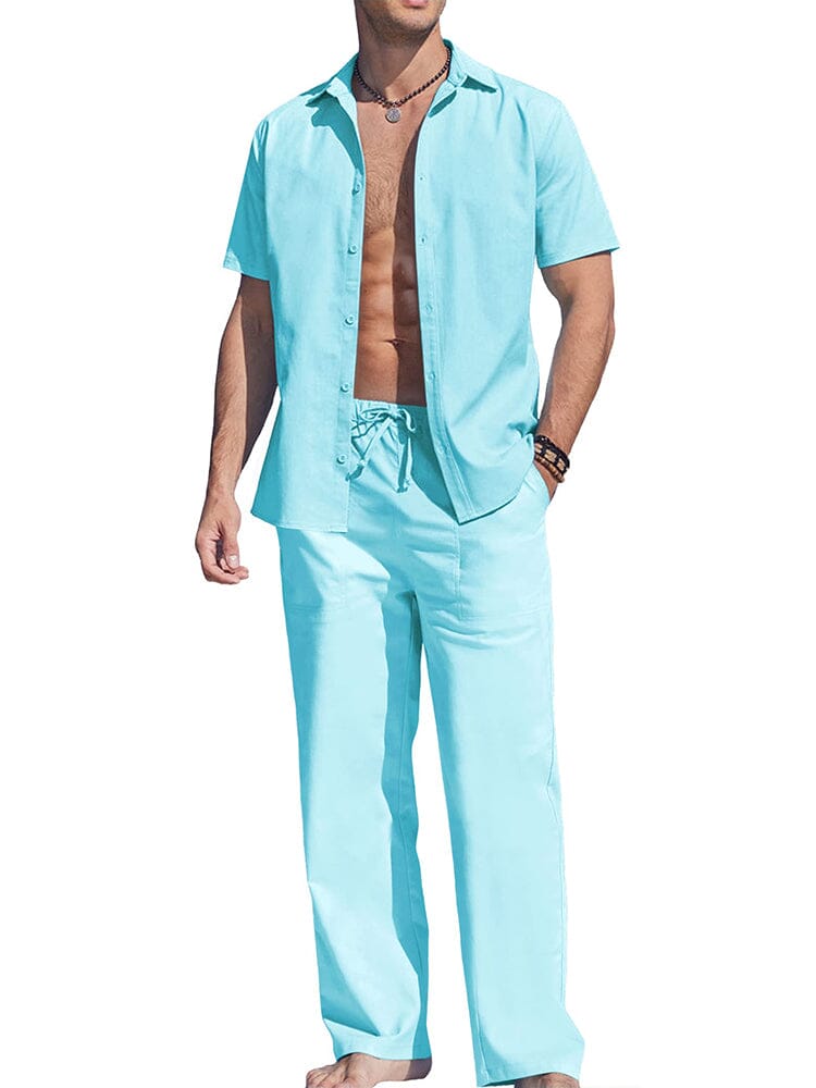 Casual Solid Holiday Linen Set (US Only) Sets coofandy Light Blue S
