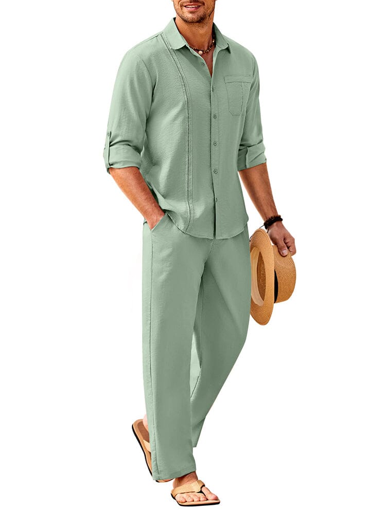 2 Piece Linen Style Long Sleeve Beach Vacation Outfits (US Only) Sets Coofandy's Light Green M