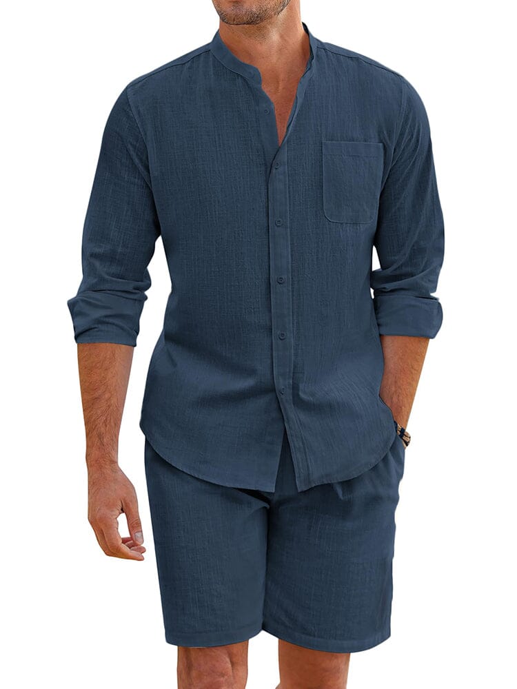 Casual 100% Cotton Beach Shirt Sets (US Only) Beach Sets coofandy Navy Blue S