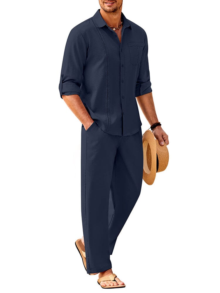 2 Piece Linen Style Long Sleeve Beach Vacation Outfits (US Only) Sets Coofandy's Navy Blue M