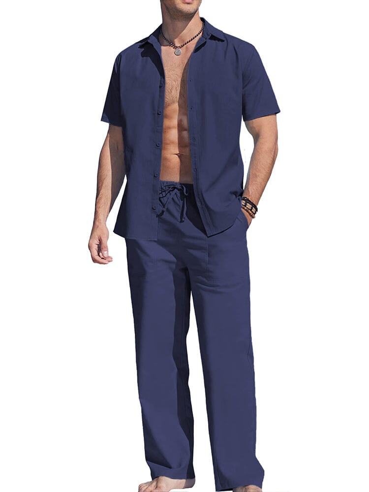 Casual Solid Holiday Linen Set (US Only) Sets coofandy Navy Blue S