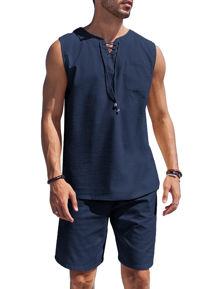 Casual 2 Piece Linen Drawstring Tank Top Sets (US Only) Sets coofandy Navy Blue S
