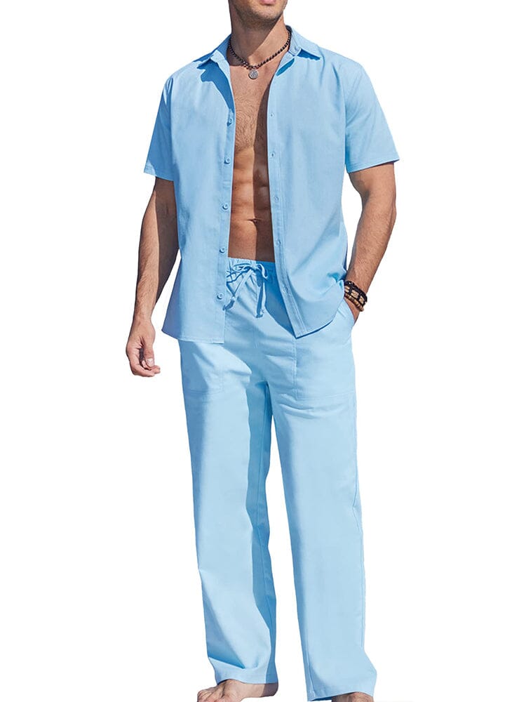 Casual Solid Holiday Linen Set (US Only) Sets coofandy Sky Blue S