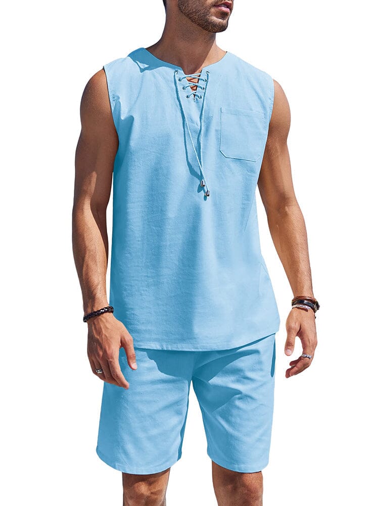 Casual 2 Piece Linen Drawstring Tank Top Sets (US Only) Sets coofandy Sky Blue S