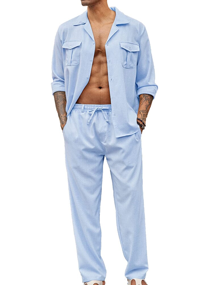 2-Piece Cozy Button Down Cotton Linen Sets (US Only) Sets COOFANDY Store Sky Blue S
