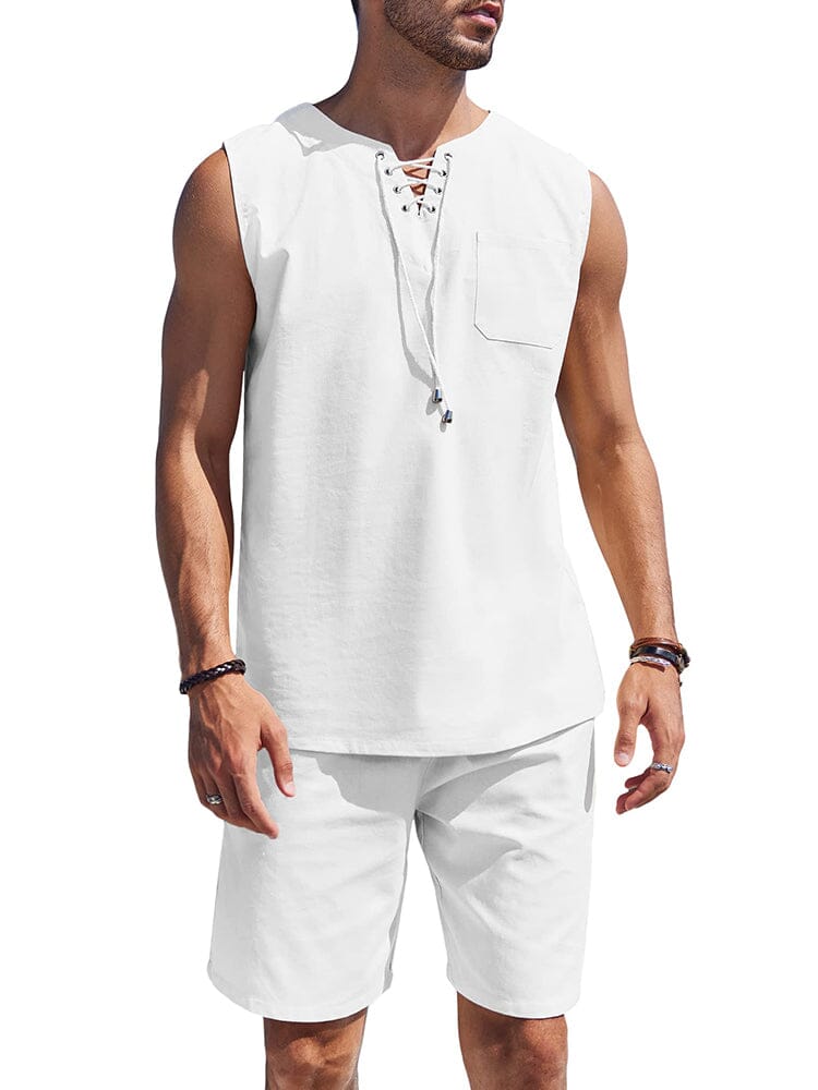 Casual 2 Piece Linen Drawstring Tank Top Sets (US Only) Sets coofandy White S