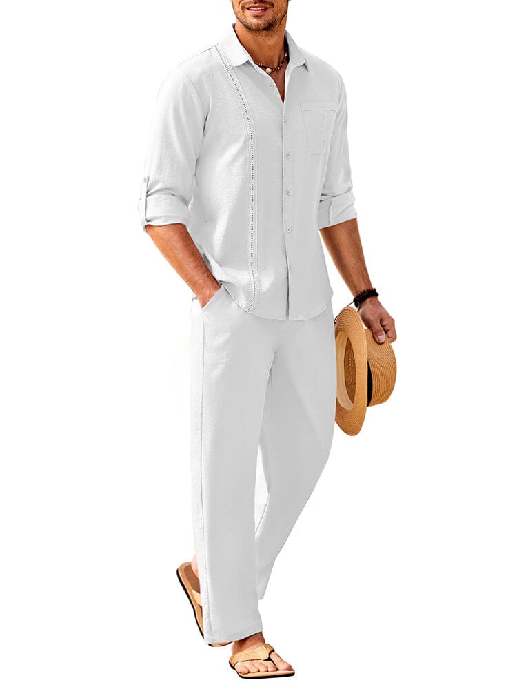 2 Piece Linen Style Long Sleeve Beach Vacation Outfits (US Only) Sets Coofandy's White M
