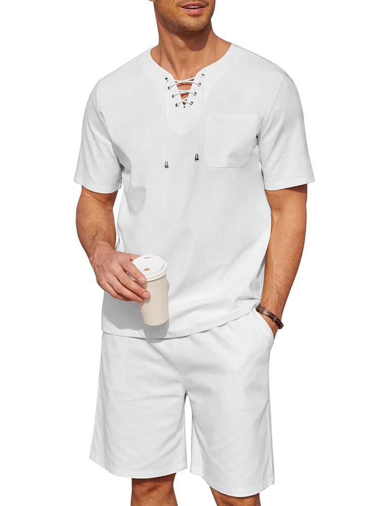 Casual Cotton Linen Lace Up Shirt Set (US Only) Sets coofandy White S