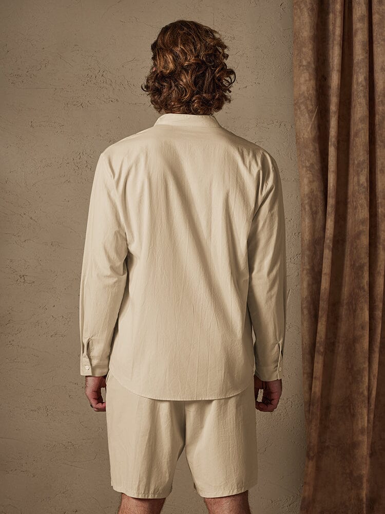 Casual Solid Color Cotton Linen Beach Shirt Set