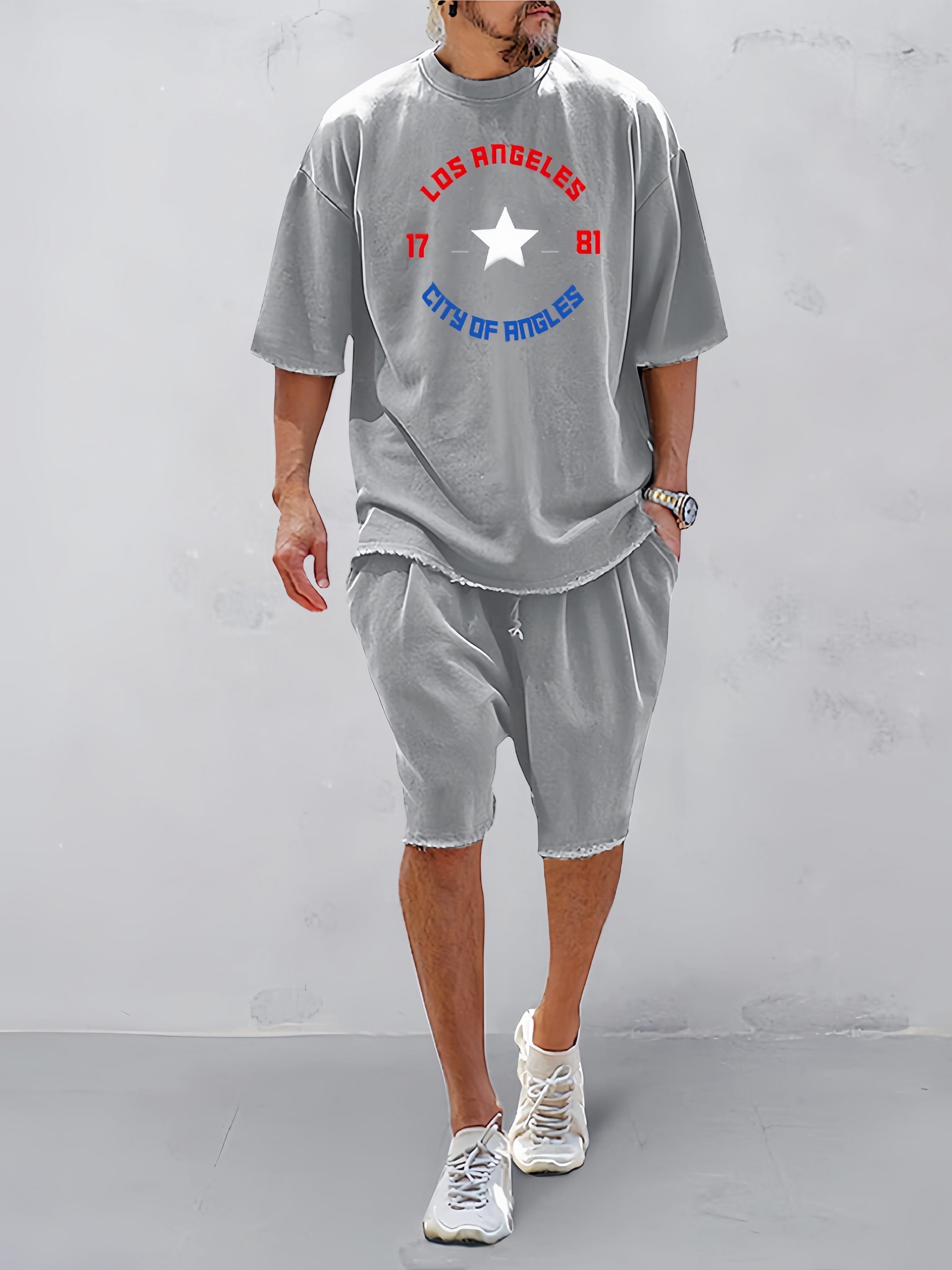 Casual Word Printed Short Sleeve Sports Set Sports Set coofandy Light Gray M 