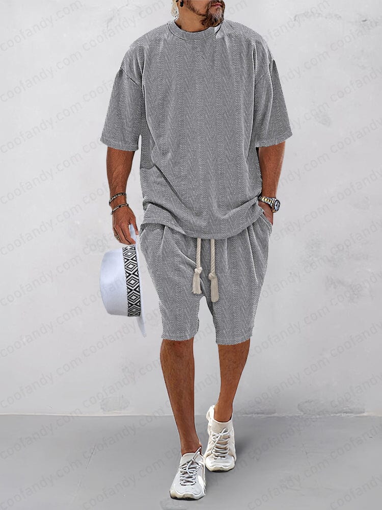 Casual Jacquard Knit 2-Piece Outfits Sports Set coofandy Gray M 