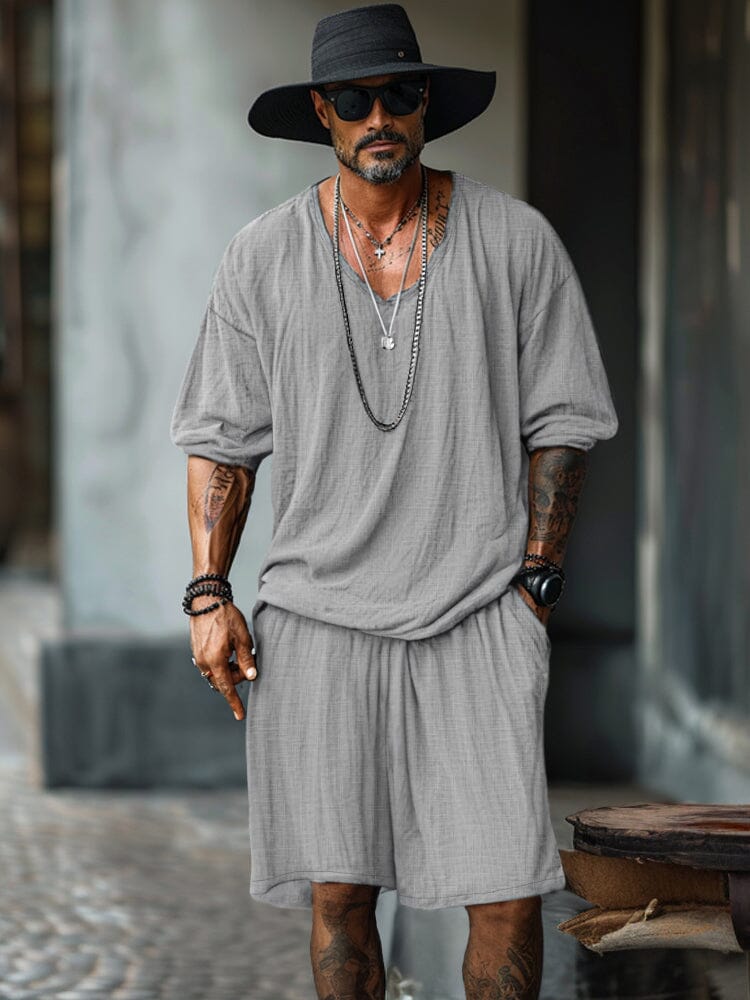 100% Cotton Long Sleeve Shirt Shorts Set Sets coofandy Grey M 