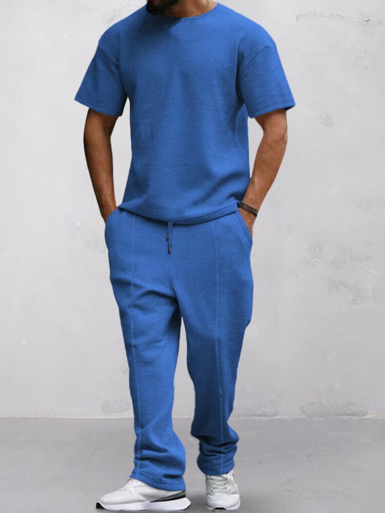 Casual Waffle T-shirt Set Sets coofandystore Blue M 